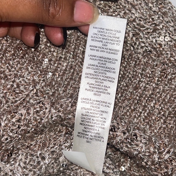 White House Black Market Sequin Sweater Boat-Neck Fringe Mink/Metallic Taupe W L - Picture 12 of 14